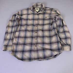 Old Mill Thrashed Flannel Shirt‎ Mens Large Blue Plaid Tan Distress Button *Wear